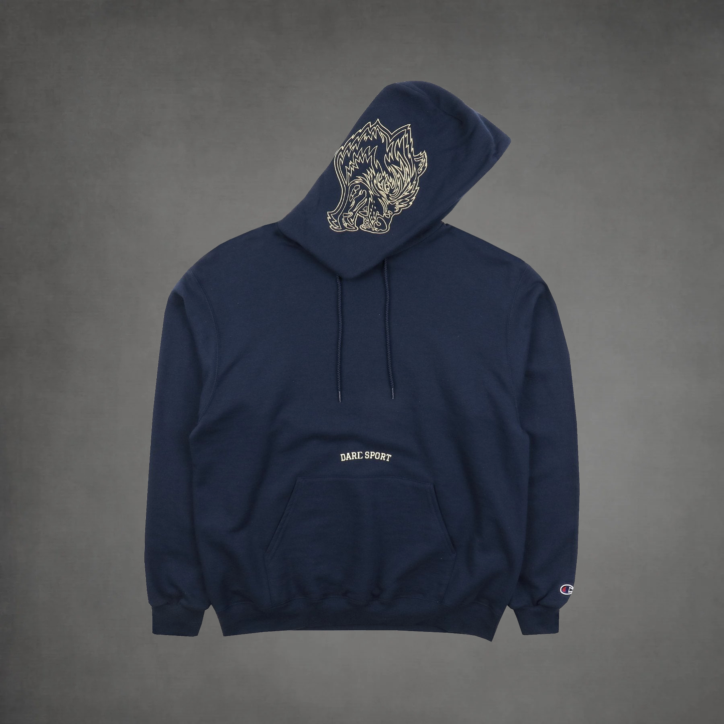 INNER WOLF EMBROIDERED CHAMPION HOODIE IN NAVY/TAN