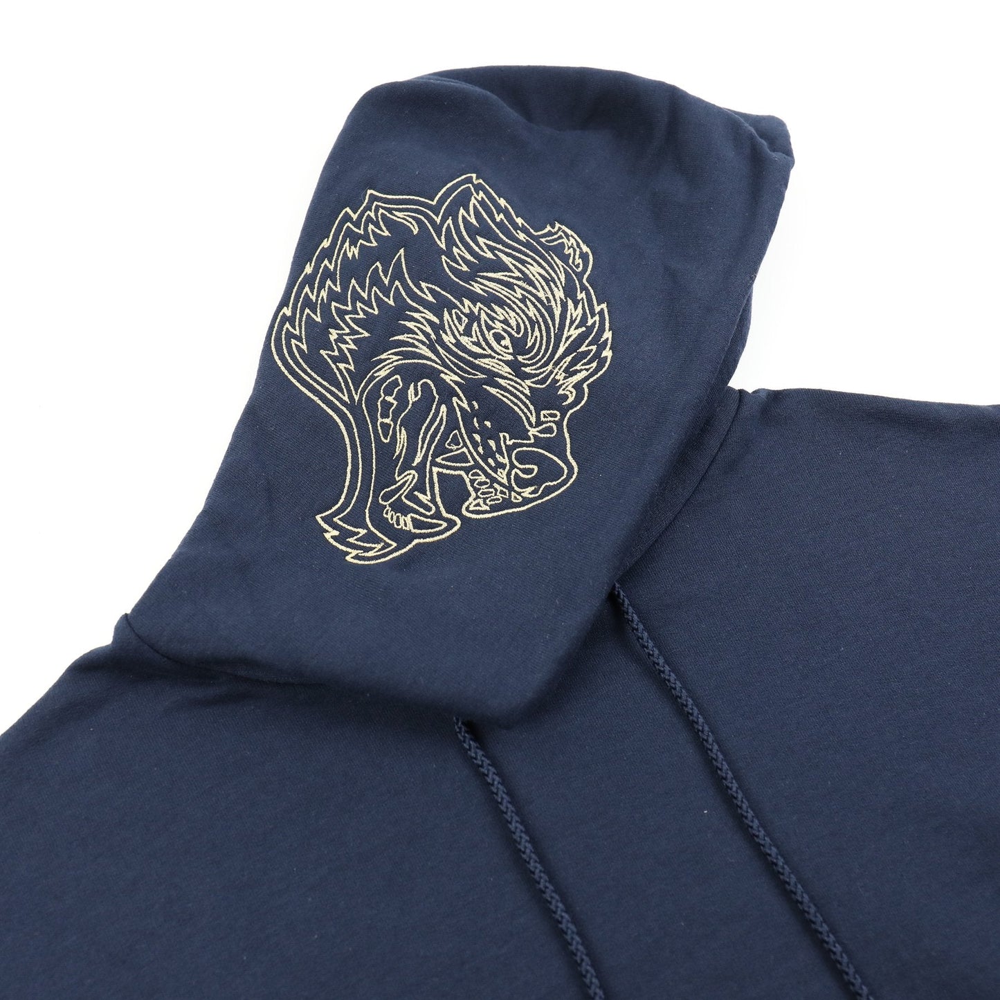 INNER WOLF EMBROIDERED CHAMPION HOODIE IN NAVY/TAN